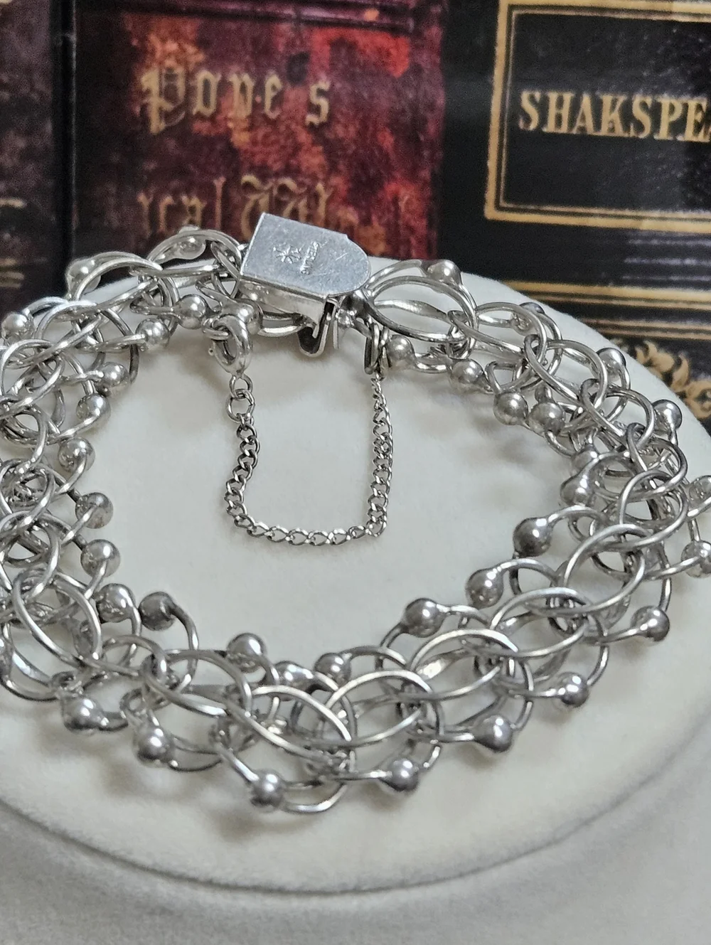 Vintage Sterling Silver Hand Crafted Links Wide Bracelet With Safety Chain